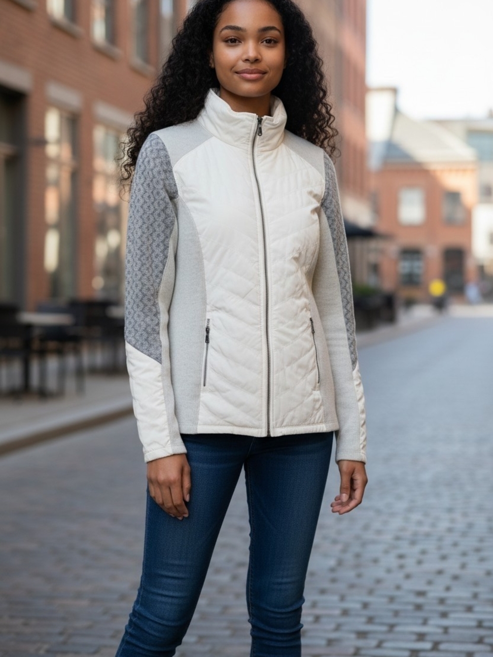 Prana Women's Light Gray and Heathered Gray Quilted Hybrid Jacket